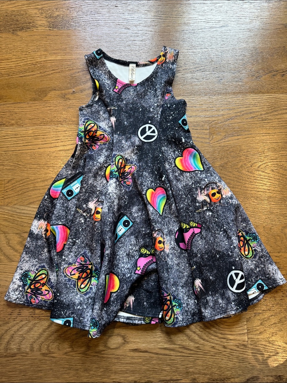 Pixielane Girls 4T Black Galaxy Print Skater Dress with Rainbow Hearts
